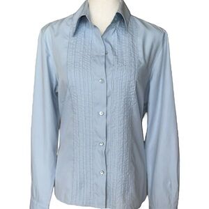 Vintage Evan Picone Light Blue Button Down Blouse Tux Pleated Oxford Cloth Sz 6